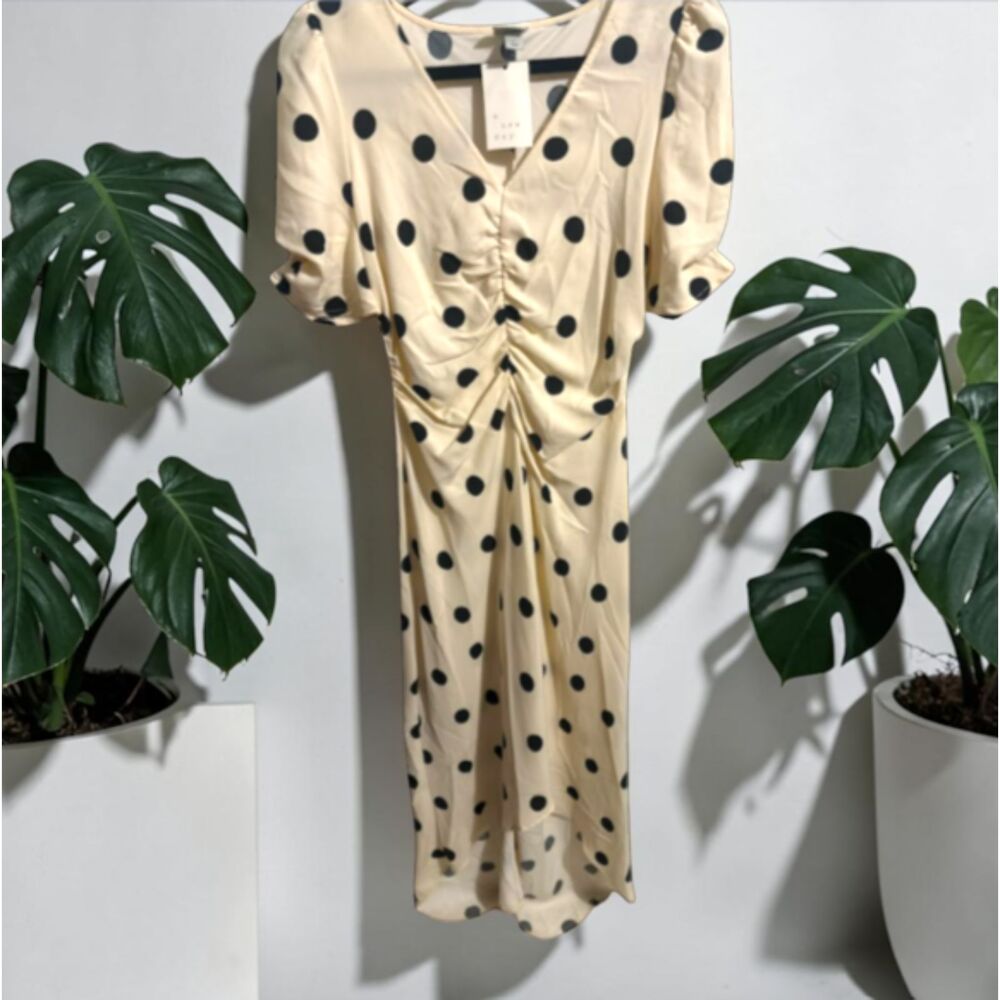 A New Day Black Polka Dot Puff Sleeve Midi Dress Ruched High-Low Dress